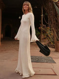 Flared Long Sleeve Round Neck Maxi Dress Women Back Lace Up Fishtail Slim Dresses Summer Fashion Lady Casual