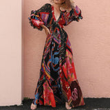 Boho Printed Ruffled Maxi Dress Sexy V-neck Bishop Sleeve Club Party Dresses Elegant Tunic Women Summer Clothing