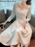 White Long Dress Women Elegant Chic Pearl Spaghetti Strap Prom Dress 2023 Autumn Casual Long Sleeve Evening Party