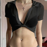 Zingj Girl Lapel Perspective Mesh Shirt Top Spring 2023 New Sexy Short Style With Short Sleeve Thin