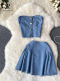 Summer Fashion Denim Two Pieces Suits Strapless Sexy Top+ Short A Line Skirt Streetwear Hotsweet Vintage Beach