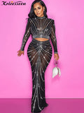 Sexy Black Shine Rhinestone Crystal Sheer Skirt Set New Women Long Sleeve Top And Maxi Skirt Suits Night
