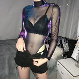 Shining Long Sleeve Bodysuit Mesh Fishnet Jumpsuit Women Goth Gothic Sexy Body Femme Shirt Top Transparent Blouse