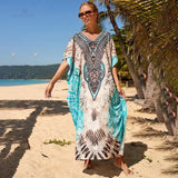 Bohemian Printed V-neck Batwing Sleeve Side Split Loose Summer Dress Long Tunic Women Plus Size Beach Wear Maxi Dress