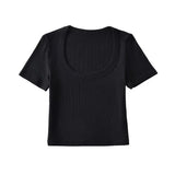 Zingj Trendy Women's Sexy Large U-Collar Short Navel Blouse Tight Solid Color Pullover Short-Sleeved