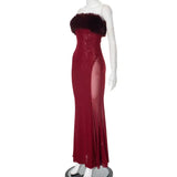 Strapless Red Feather Mesh Maxi Dress- Outfit