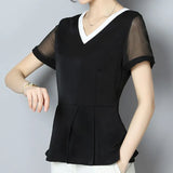 Tops And Blouse Ladies Tops Chiffon Blouse Shirts V-Neck Shirts Short Sleeve Women Clothing Black V-Neck 3767