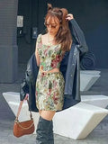 Women Two Pieces Set Square Collar Floral Print Sleeveless Irregular Hem Tank Matching Elastic Waist Casual Skirt