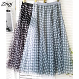 2022 Spring Summer Korean Fashion 3 Layers Mosaic Plaid Tulle Skirt Women High Waist Midi Long Pleated Skirt