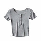 Zingj New Solid Color Four-Button Elastic Basic T-Shirt Summer Women's Short Navel-Missing Short-Sleeved