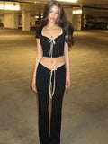 Black Ribbon Tie-Up Top And Pants Two Piece Set-Outfit