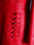 Spring Autumn Extra Long Red Black Fitted Soft Faux Leather Coat Women with Chinese Knot Buttons V Neck Designer