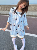 Japanese Summer Kawaii Long T-shirt Women Star Print Cute Salior Collar Harajuku Graphic T Shirts Y2k Aesthetic Tee