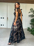 New Summer Black Lace Hook Flower Sexy Women Dress Sleeveless Sling A-line Long Dress Fashion Evening Party Women