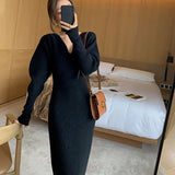 Long White Knitting Dress Women Winter V-Neck Long Sleeve Bodycon Dress Korean Office Lady High Waist Vintage Dress