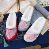 Zingj Single Slippers / Cotton Slippers Linen Peony Embroidered Round Head Flat Cloth Shoes Sandals Embroidered Women's