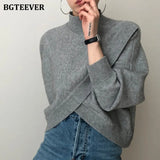 Fashion Half-turtleneck Women Sweater Jumpers 2020 Autumn Winter Knitwear Cross Split Loose Female Knitted