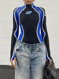y2k Techwear Bodysuit Contrast Stitching Bodycon Jumpsuit for Women Casual Long Sleeve Streetwear Sexy Print Body