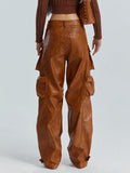 Zingj Cargo Pants Fall 2024 New Personality Splicing Loose PU Leather Pants Casual Wide-Leg Pants