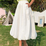Women A-line Solid Black White Casual Mid-calf Saia Midi Elastic Waist FemaleTulle Skirts Tutu Pleated Skirts