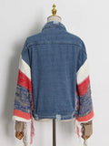 Zingj 2024 New Street Hipster Fan Contrast Color Splicing Knit Sleeve Design Sense Denim Jacket Loose