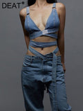 Fashion Womne's Denim Bandage V-neck backless Tops And High Waist Loose Straight Sashes Jeans Female Summer 2023