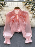 Bow Sweet Satin Loose Blouse Women Ruffles Long Sleeves Autumn Shirt Fashion Streetwear Korean y2k Vintage Top