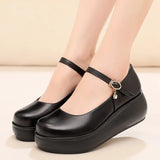 Skin Round Head Heel Slope And Shallow Mouth Single Shoes Waterproof Table Casual Leather Shoes Buckle With Loose Cake Thick-Soled Shoes Women