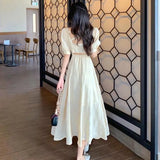 Women Yellow Sweet Square Collar Female Lovely Back Hollow Out Vintage Elegant Puff Sleeve A-line Two-length Girls