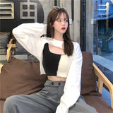 Solid Color Street Sweatshirt Casual Hoodie Cropped Top Women's O-Neck Pullover Long Sleeve Irregular Short Loose