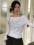 Autumn Letter Print Thin Perspective T-Shirt Hottie Fashion Slanted Shoulder Long-Sleeved