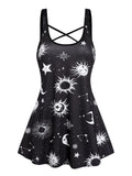 Retro Moon Sun Star Print Criss Cross Casual Skirted Tunic Tank Top Sleeveless Top Women Tank