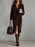Women's Elegant Workwear Style Pocket Button Velvet Shirt Dress