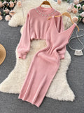 Winter Women Knitted Sets Fashion Breading Long Sleeve Pearl Sweater+Knitted Camis Dress Sets Fashion Sweater