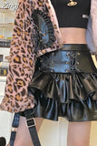 Lace up short black leather skirt women high waist Mini tiered ruffle skirt vintage gothic faux leather skirts 2023
