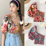 New Women Chiffon Shirt Korean Floral Print Ruffled Irregular Top Slim Short Summer Ladies Blouse