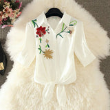 Summer Fashion Stripe Blouse Short Sleeve Shirt Women Blouses Chiffon Embroidery Shirts White Blue Top Blusas Women
