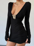 Deep V-neck Long Sleeve Bodycon Gold Applique Mini Dress- Outfit