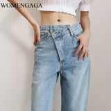 Summer New Fashion Light Blue Women Asymmetric Fly Jeans With Button Closure Split Waist Straight Leg Jeans Plus Size