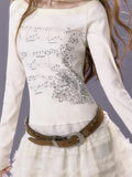 Aesthetic Tshirts Women Korean Cotton Slim Fit All Match Tees Grunge Print Lace Patch T Shirt 2024 Long Sleeve Crop