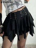 SUCHCUTE Dark Academic Irregular Women Mini Skirts Gothic Low Waist Grunge Fairycore Skirt Ruffles Streetwear Punk Style