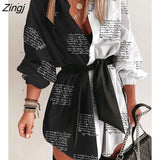 Spring Summer Women Casual Mini Dress Office Lady Letter Print Colorblock Long Lantern Sleeve Bandage Shirt Dress With