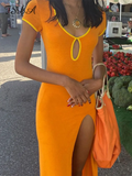 2022 Summer Split Hollow Out Midi Dress Bodycon Short Sleeve Sexy Club Patchwork Y2K Orange Women Dresses