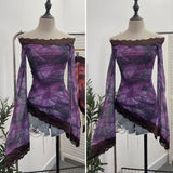 Tie-Dyed Leopard Print Lace Spliced Double-Layer Mesh Shoulder Irregular Loudspeaker Top