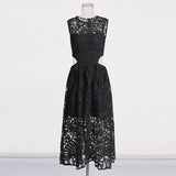 2025 New Fashion Round Collar Solid-Colored Flower Embroidered Lace Hollow Design With High-End Feel Dress