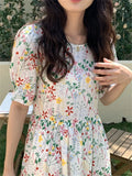 Kitty Prairie Style Printed Sweet Summer Dress Gentle Women Florals High Waist Office Wear Short Sleeves Chic Prom