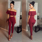 2020 Sexy Off Shoulder Slash Neck Women's Two Piece Suit Bodycon Ruffles Crop Tops High Waist Ladies Pants 2 Piece