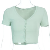 Sexy Women Button Knitted Short Sleeve Korean Style Ribbed Summer Crop Top clothes tshirt shirt vintage t-shirt