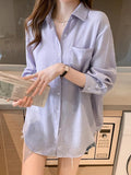 Korean Fashion Wrinkle Women Sun Proof Shirt Elegant Ice Silk Long Sleeve White Blouse Loose All Match Lazy Wind Tops