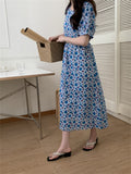 Kitty Summer Gentle Florals Retro Long Dress Slim Women 2022 New Casual Puff Sleeve Sweet Lady Printed Holiday Chic
